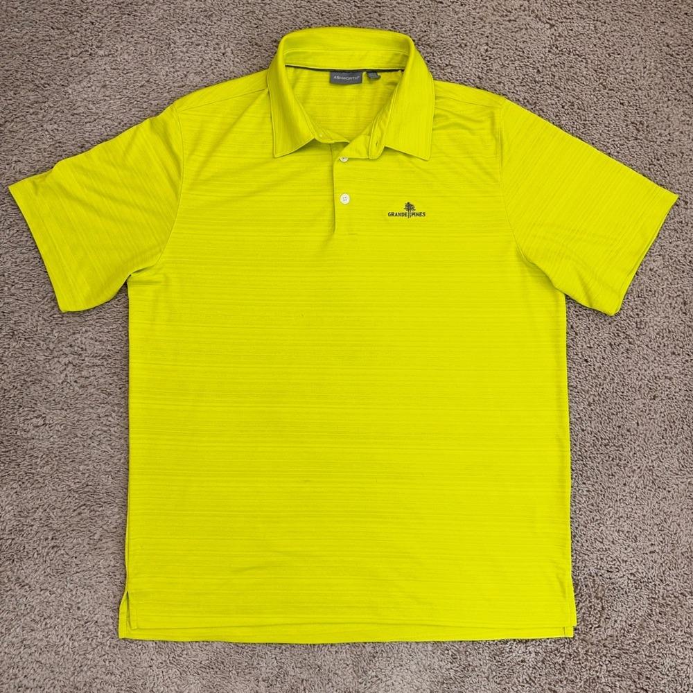 Ashworth Golf Polo Shirt Mens L Grande Pines Logo Subtle Yellow Striped Athletic
